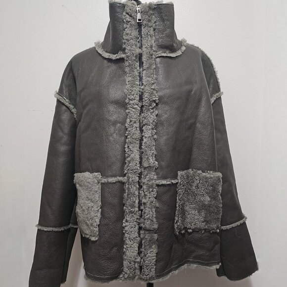 NewReal Merino Sheepskin Lamb Leather Fur Coat Jacket Khaki Green Olive Military - Picture 1 of 7